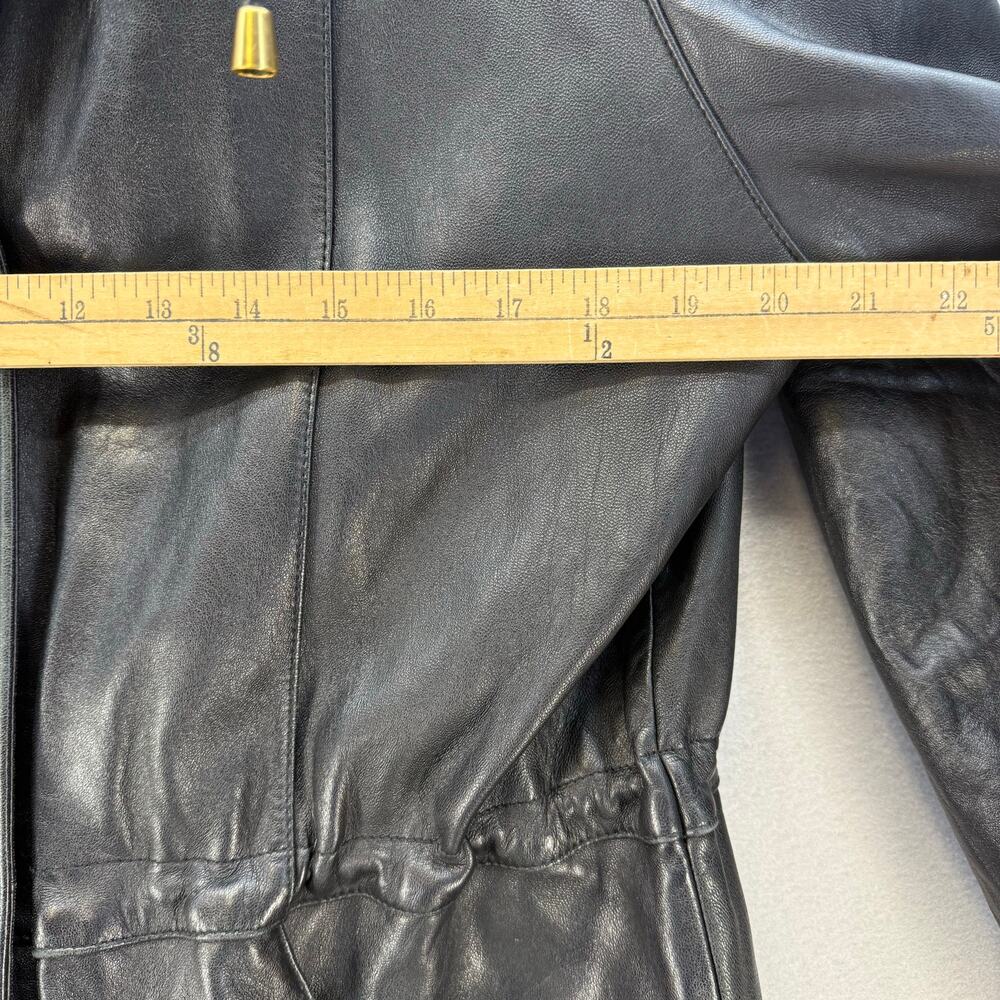 Worthington Leather Parka Women's L Black Lamb Skin Dyed Fox Fur Trim Hood EUC - Picture 11 of 14
